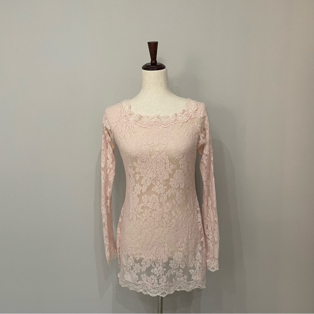 Victoria’s Secret Lace Long Sleeve Pink Sheer Slip Dress Size Large